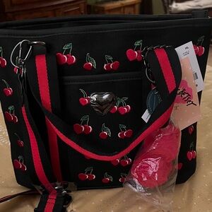 Betsey Johnson Black Tote with Cherry Embroidery